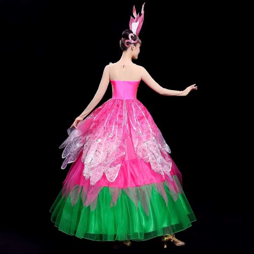 Pink with green flowers petals flamenco dance dresses for women girls opening choir pageant show  opening dance swing skirts long dress for female